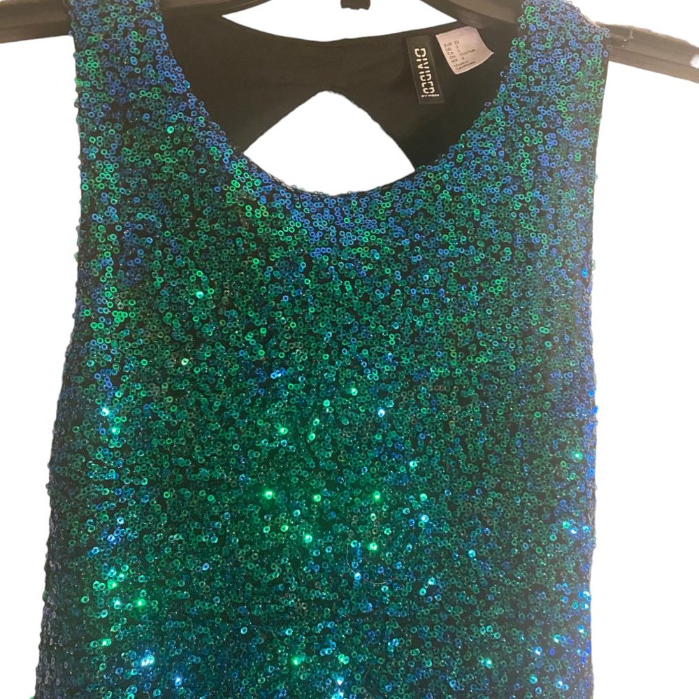 H&M Divided blue/ green metallic sequins bodycon mini Prom Party‎ dress sz 2 - Picture 3 of 12